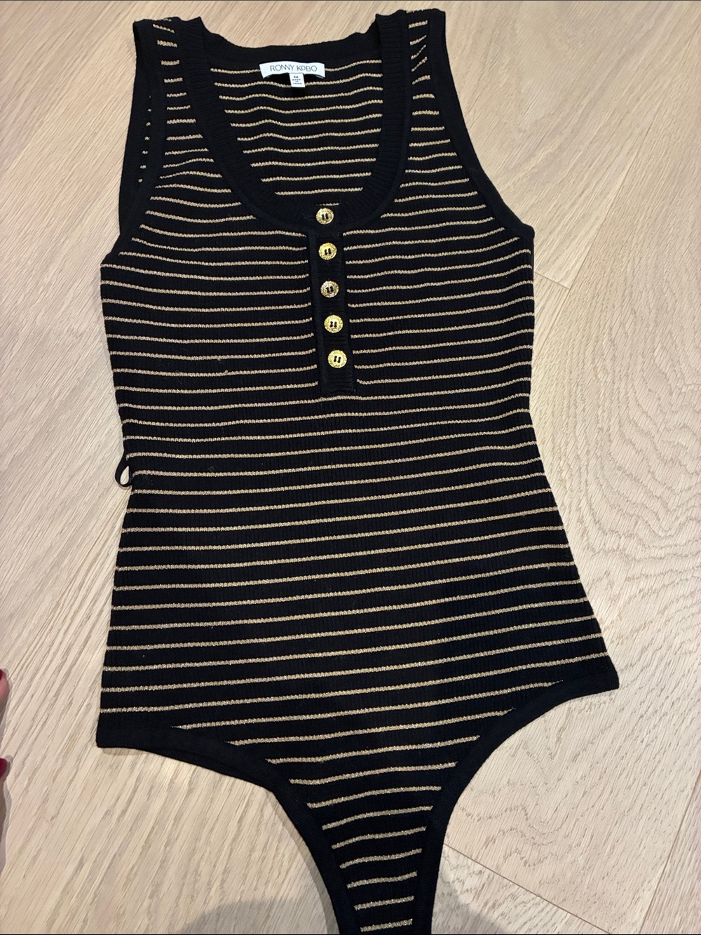 Ronny Kobo Black and Gold Striped Ribbed Tank Bodysuit